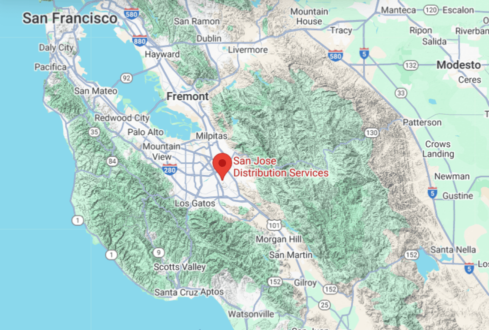Map showing the location of San Jose Distribution Services warehouse in the San Francisco Bay Area